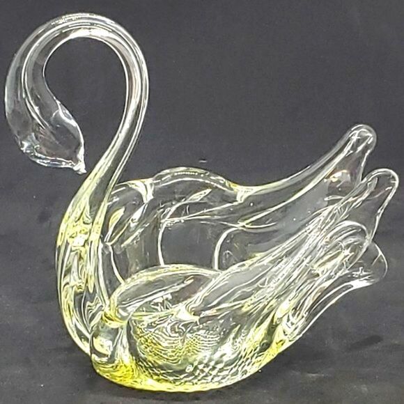 Chalet Glass Vintage Hand Blown Clear Yellow Textured Base Art Glass Swan Dish - Picture 1 of 12